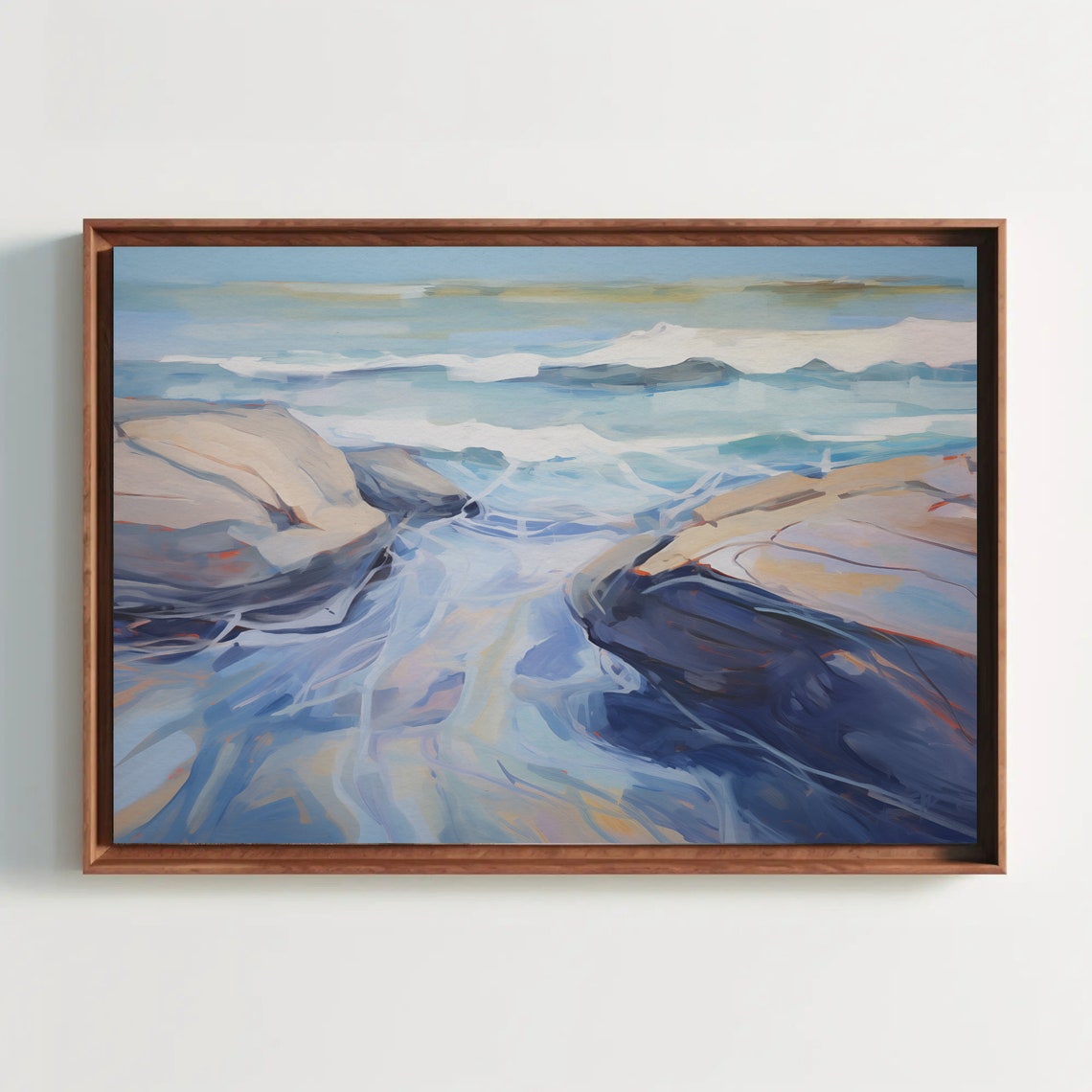 Abstract Coastal Rocks with Rhythmic Blue Ocean Waves Poster