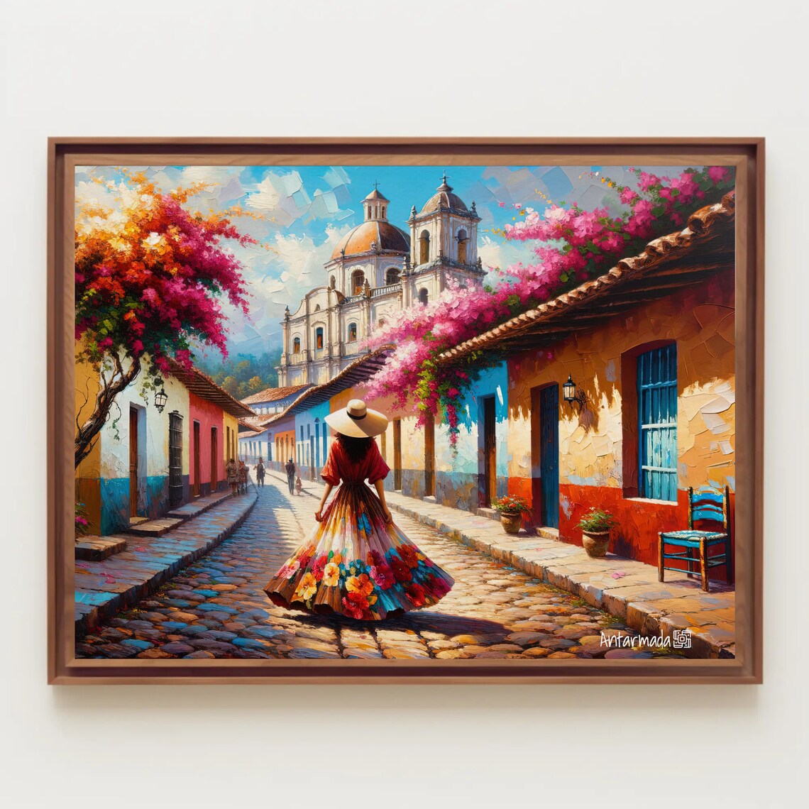Colorful Mexican Street Cathedral Bougainvillea Town Scene Poster - Image 5