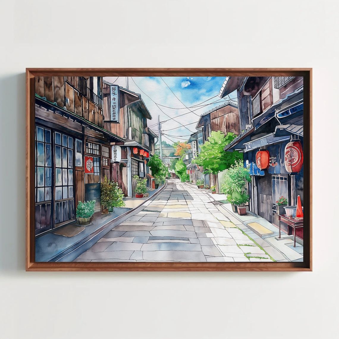 Traditional Japanese Street With Paper Lanterns Watercolor Poster