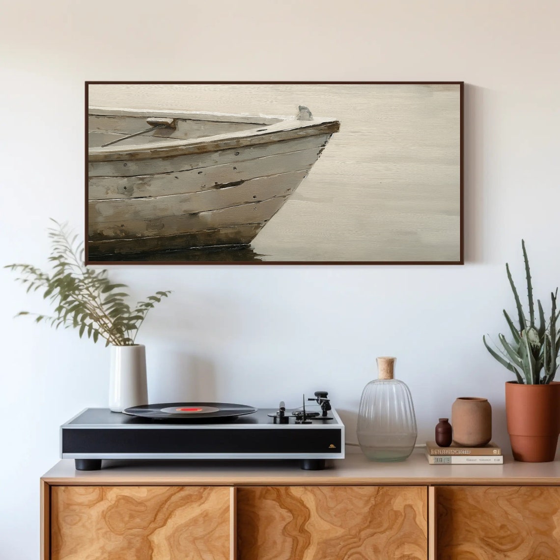 Close Up Old Wooden Boat Oil Painting Rustic Lake House And Boathouse Art Vintage Nautical Decor Ideal For Living Room Bedroom Office - Image 5