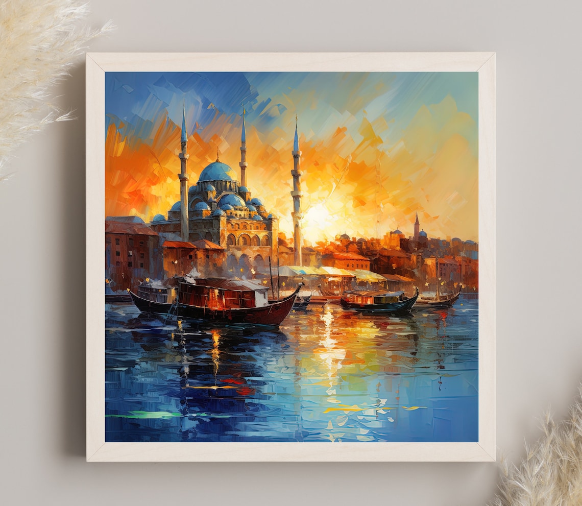 Istanbul Mosque Sunset Over Golden Water Boats Scene Art Poster