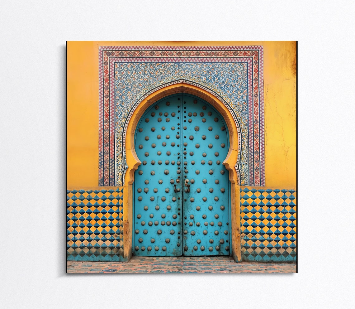 Moroccan Blue Studded Door With Mosaic Tilework Architecture Poster - Image 5
