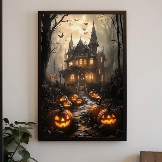 Haunted House Jack O Lantern Path Circling Bats Spooky Halloween Poster
