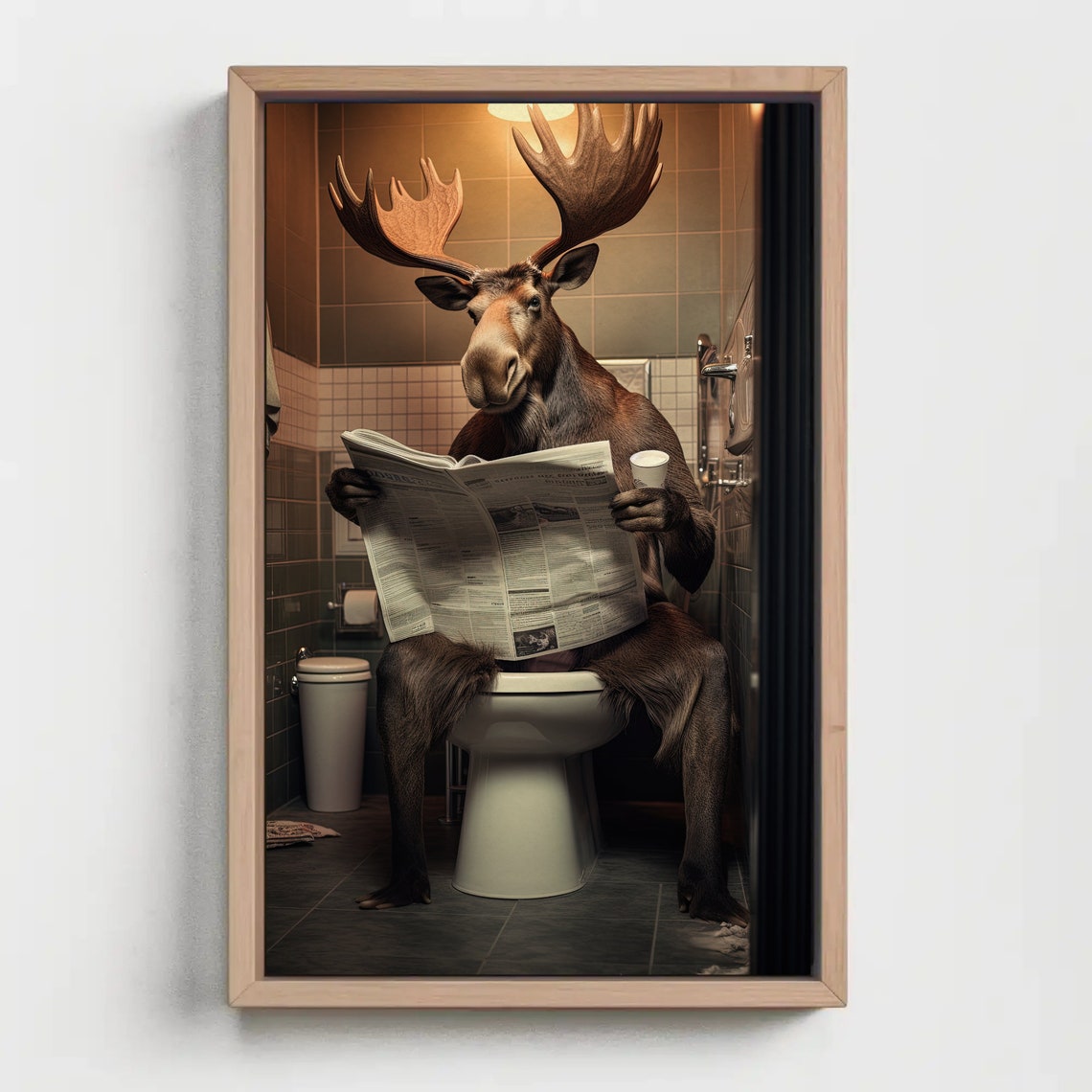 Funny Moose Reading Newspaper Sitting on Toilet Bathroom Humor Poster - Image 5