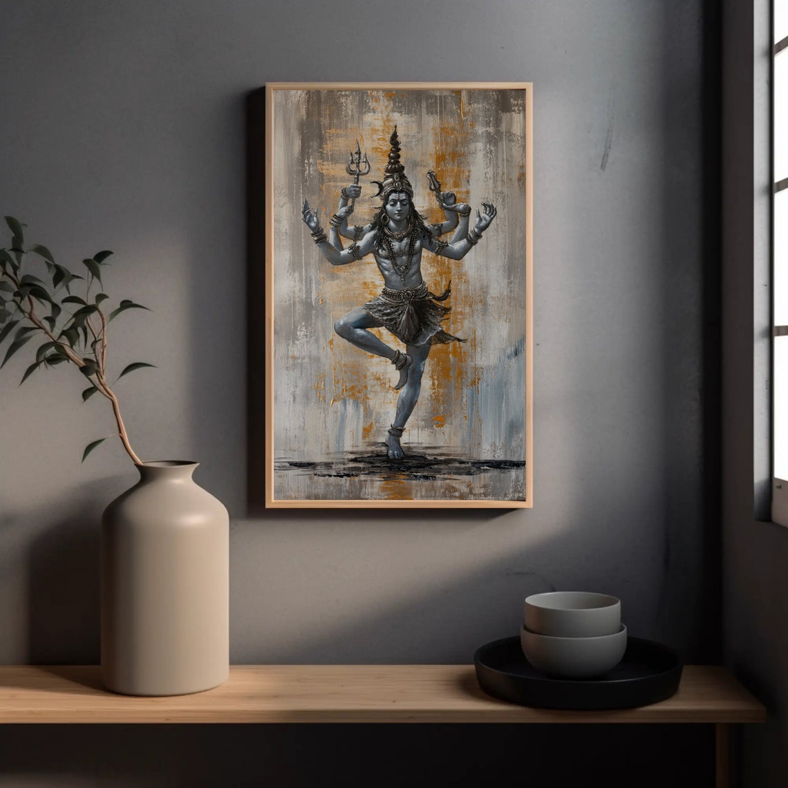 Dancing Shiva Nataraja with Trident Gray Gold Spiritual Poster - Image 4