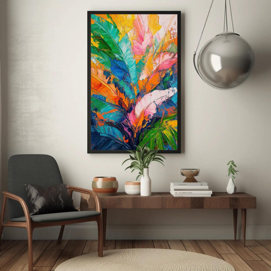 Vibrant Tropical Banana Leaves Thick Palette Knife Painting Poster - Image 5