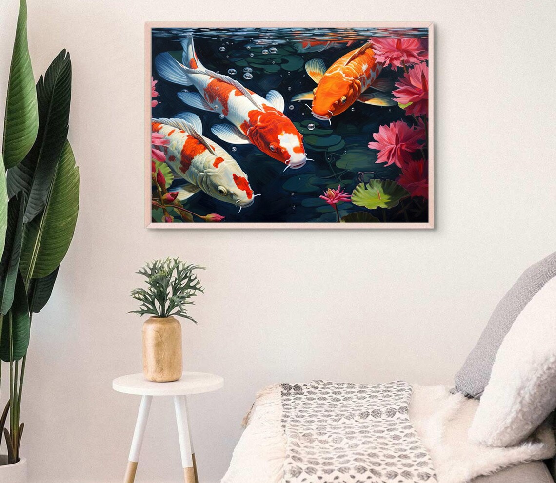 Koi Fish Pond With Lotus Blossoms Detailed Oil Painting Poster - Image 3