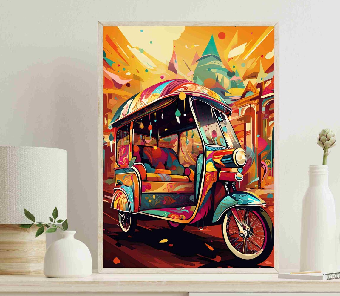 Colourful Indian Tuk Tuk Street Scene in Bold Pop Art Style Poster