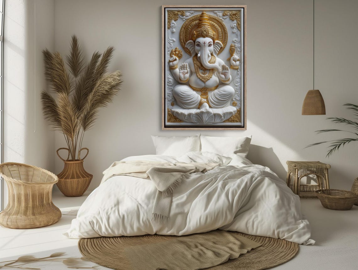 White Marble Ganesha with Golden Ornaments 3D Statue Art Poster - Image 4