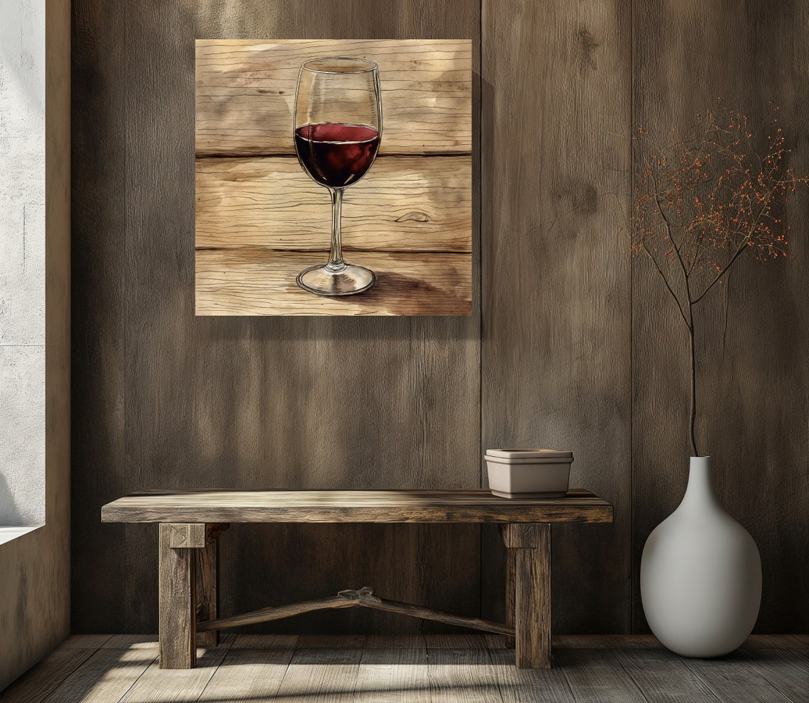 Glass Of Red Wine On Rustic Wood Kitchen Bar Decor Wall Print - Image 5