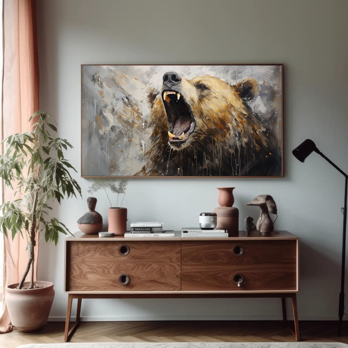 Roaring Grizzly Bear Portrait in Gray Abstract Painterly Style Poster - Image 5