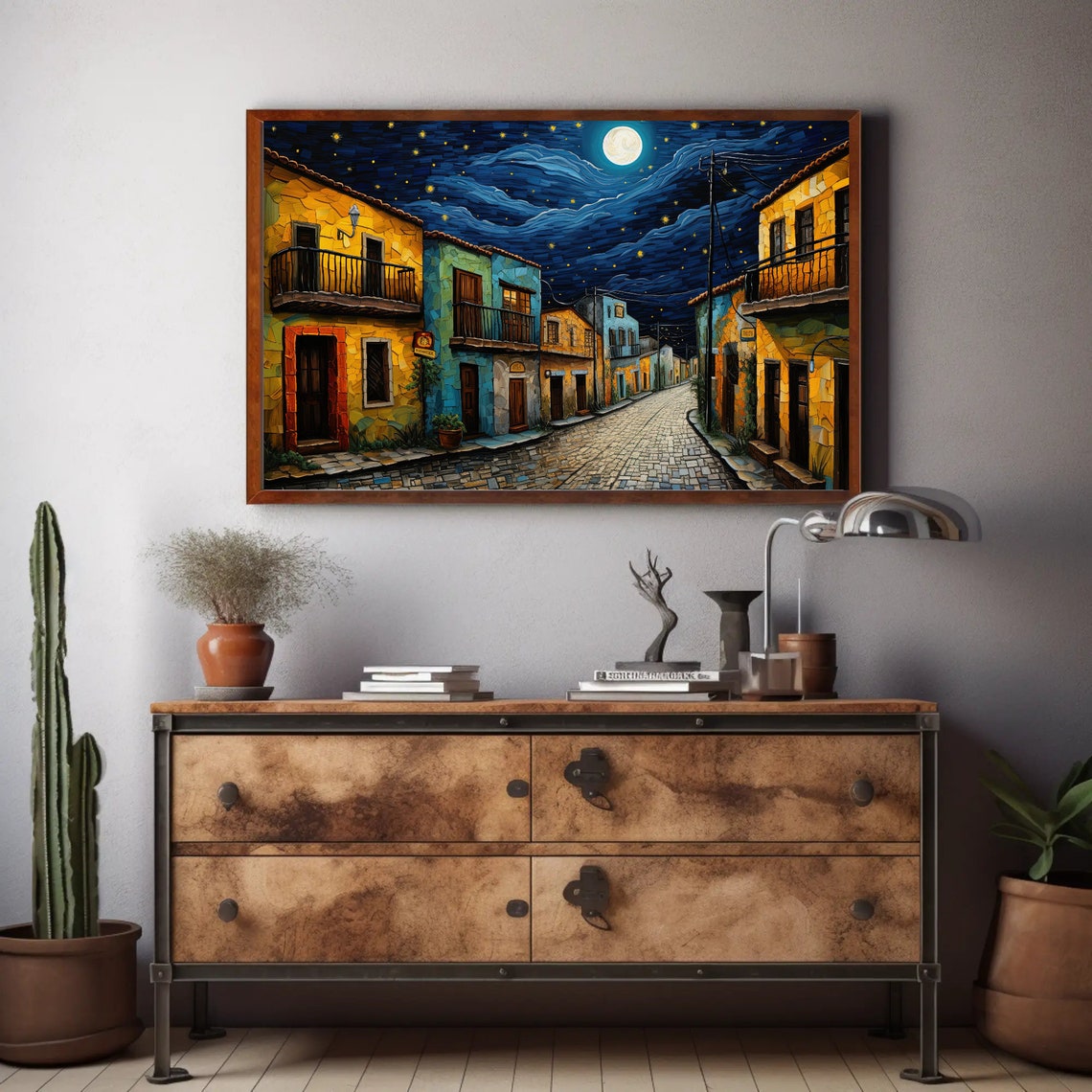 Mexican Street Under Moonlight with Swirling Starry Sky Poster - Image 2