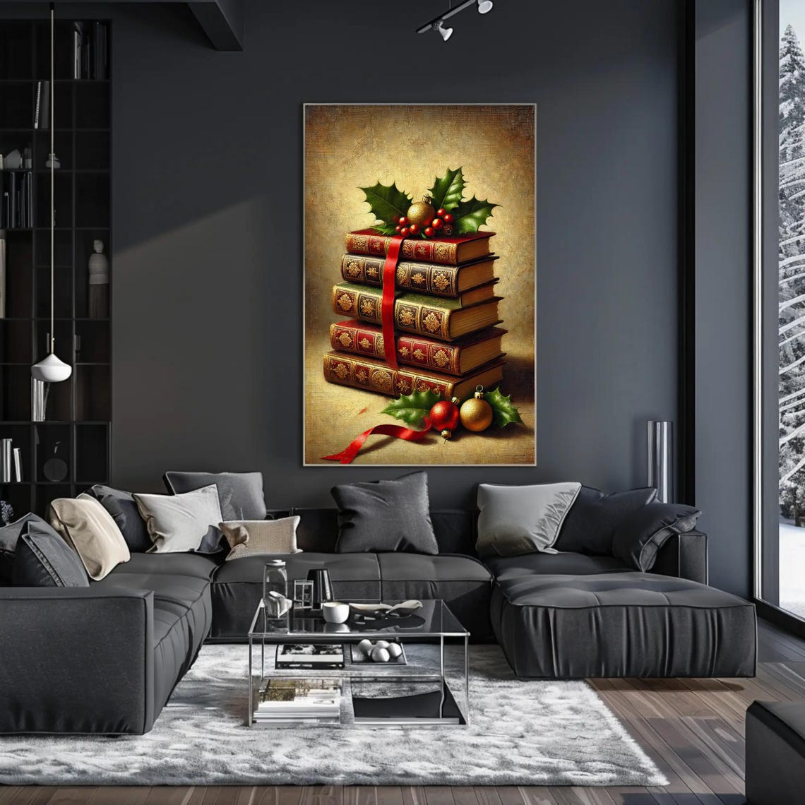 Vintage Christmas Books Stack With Holly And Ornaments Poster - Image 3
