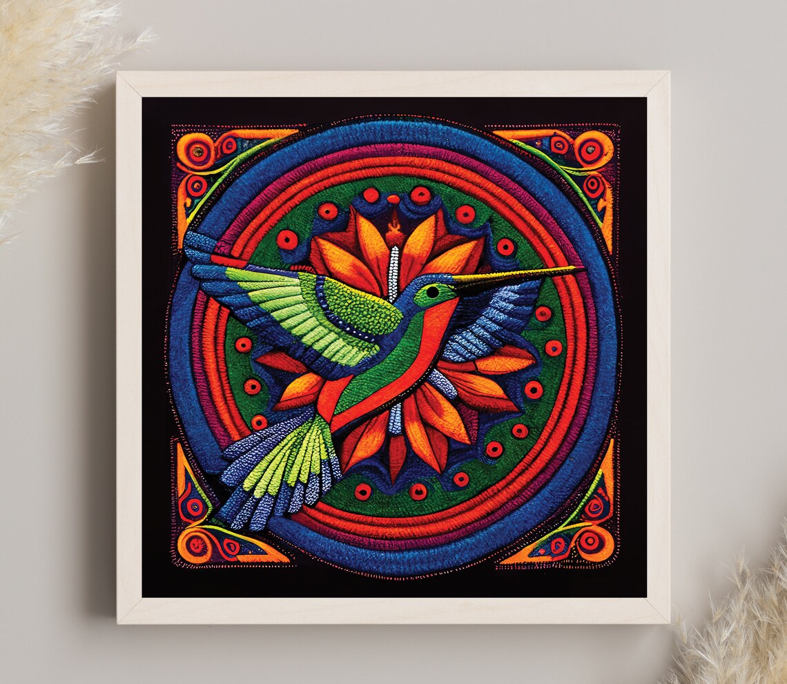 Huichol Style Hummingbird Mandala Vivid Mexican Folk Art Poster