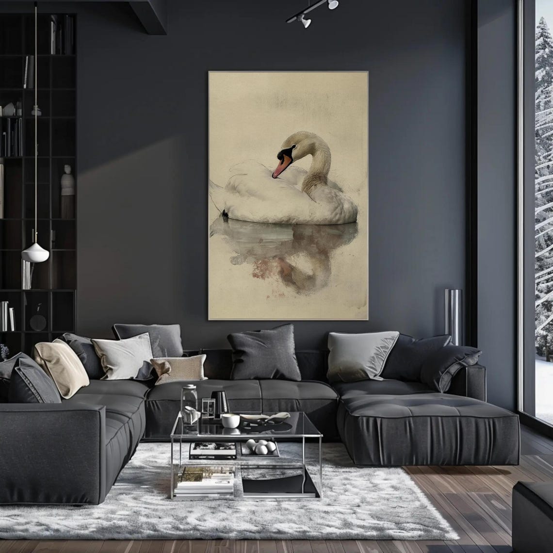Elegant White Swan Watercolor Preening On Calm Water Art Poster - Image 3