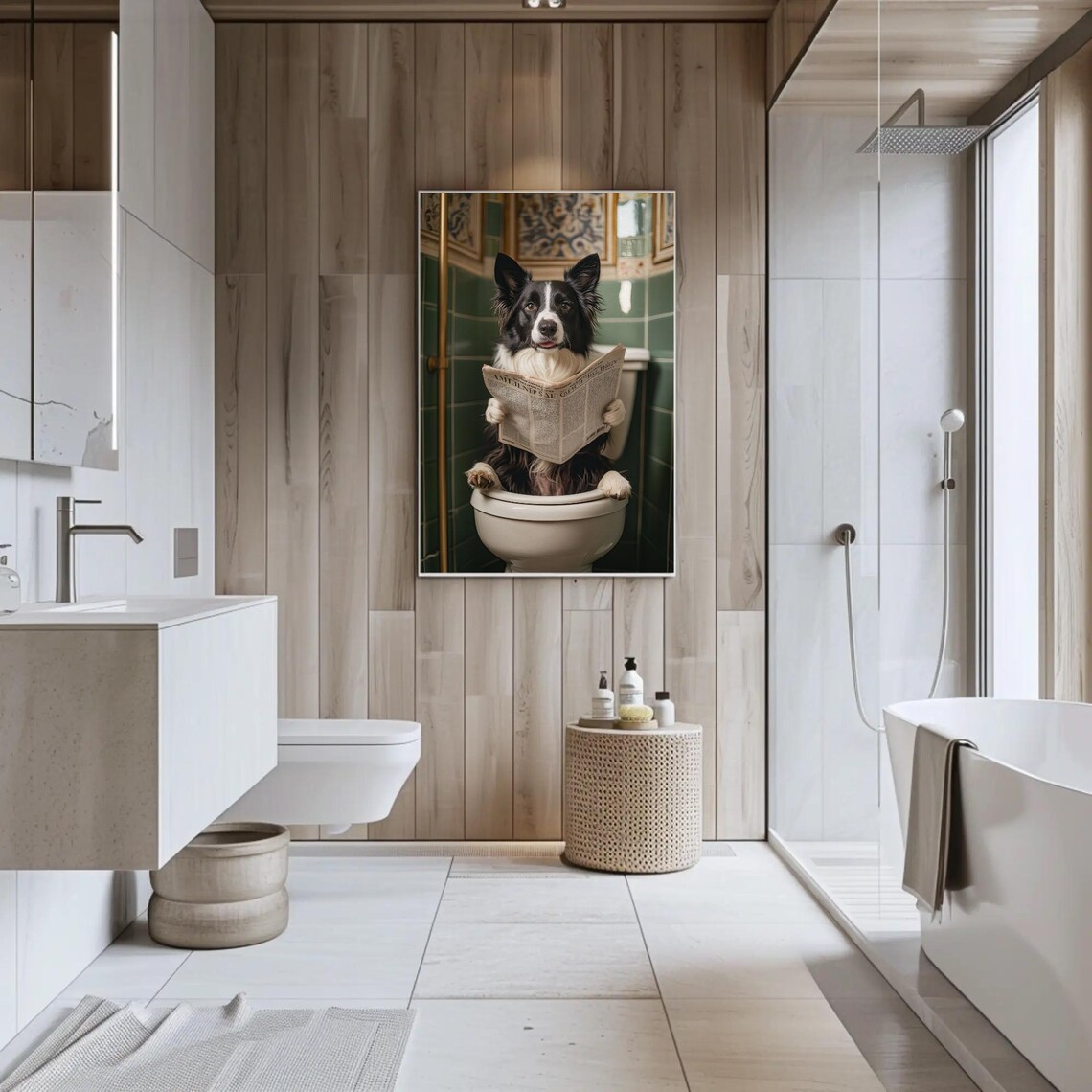 Black And White Border Collie Bathroom Humor Art Print - Image 2
