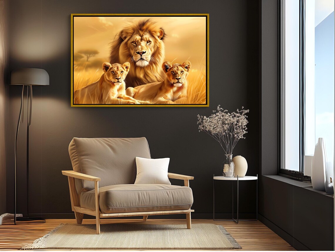 Majestic Lion Resting With Two Cubs In Golden Savanna Poster - Image 3