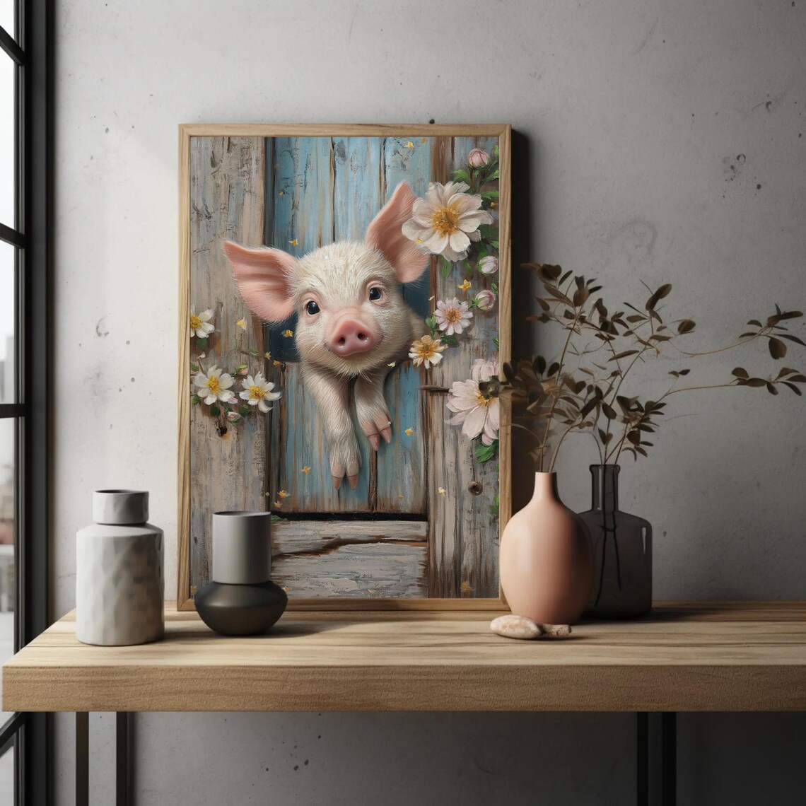 Cute Piglet Over Wooden Fence Whimsical Farm Animal Art Poster - Image 3