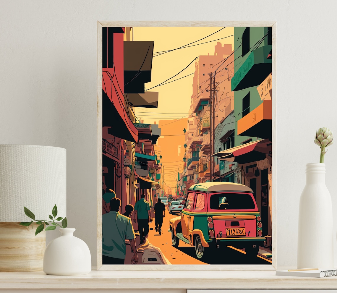 Vibrant Pakistan City Street Retro Car Travel Illustration Poster