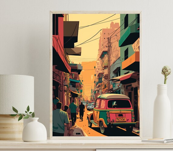 Vibrant Pakistan City Street Retro Car Travel Illustration Poster