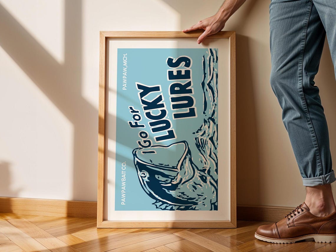Lucky Lures Paw Paw Bait Co Vintage Leaping Fish Ad Blue Poster - Image 3