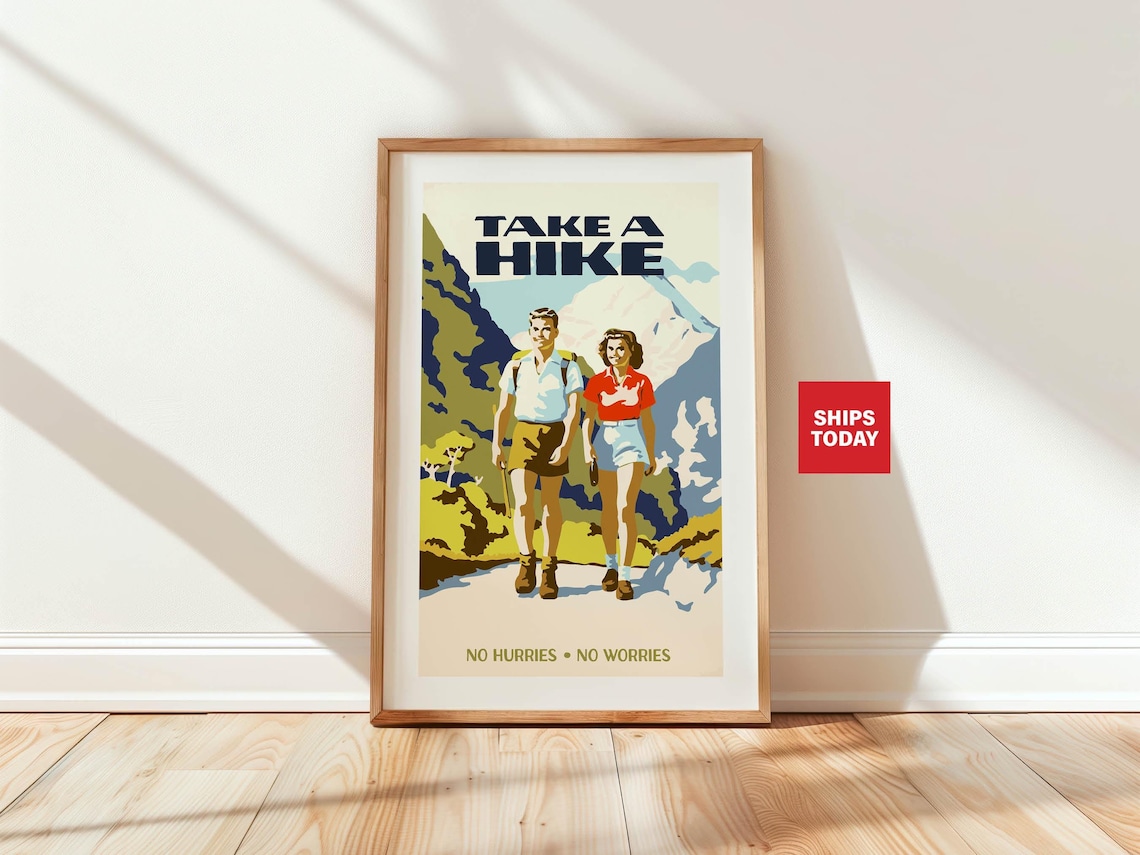 Retro Take A Hike Poster, Lake House Wall Decor