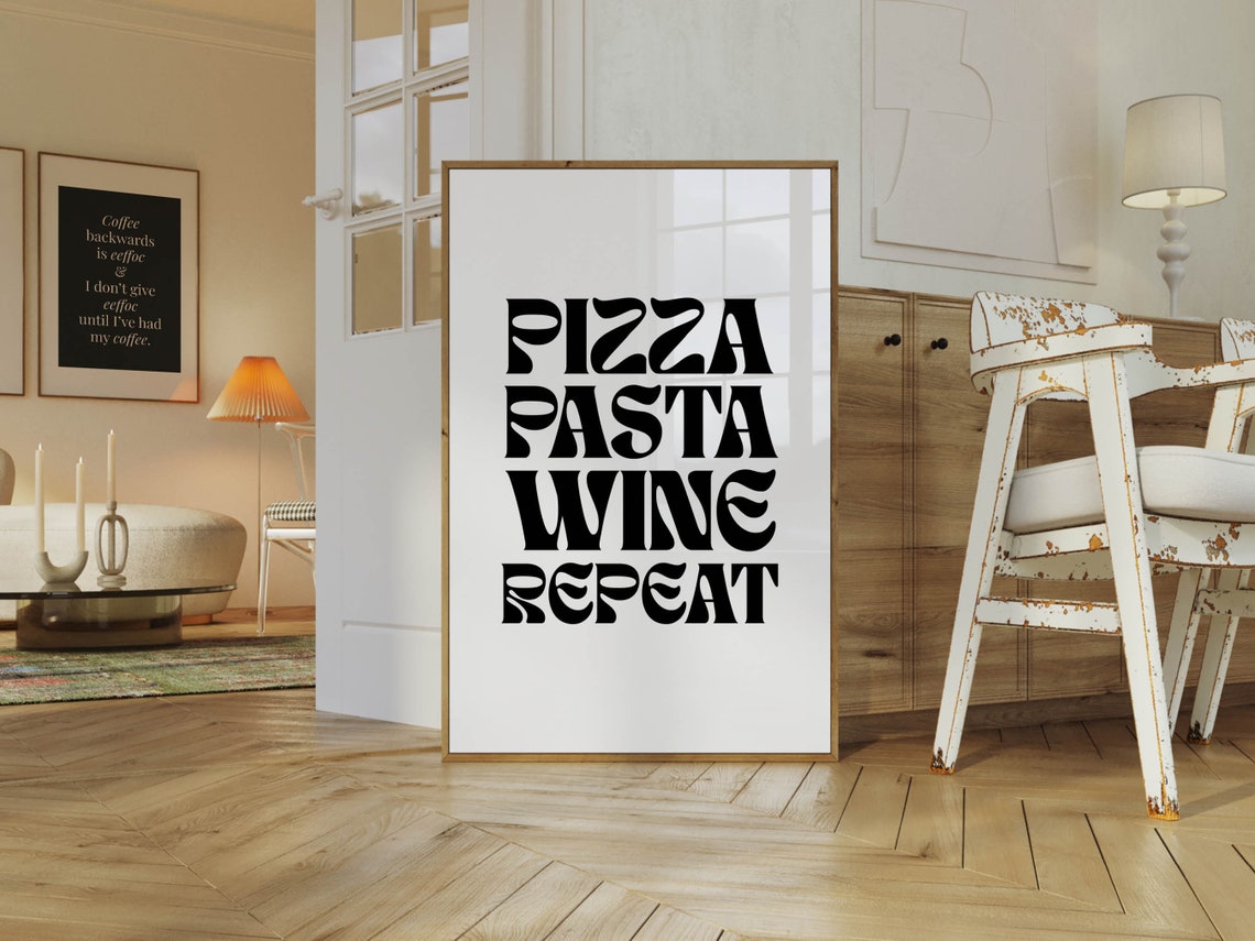 Pizza Pasta Wine Repeat Kitchen Poster Bold Retro Typography Art