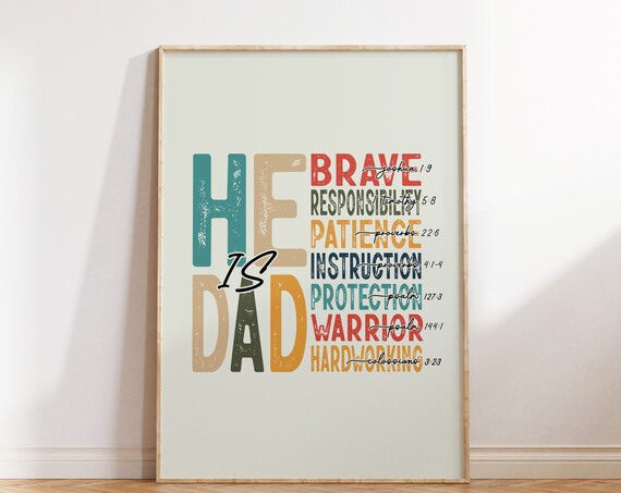 He Is Dad Brave Warrior Vintage Typographic Fathers Day Bible Poster