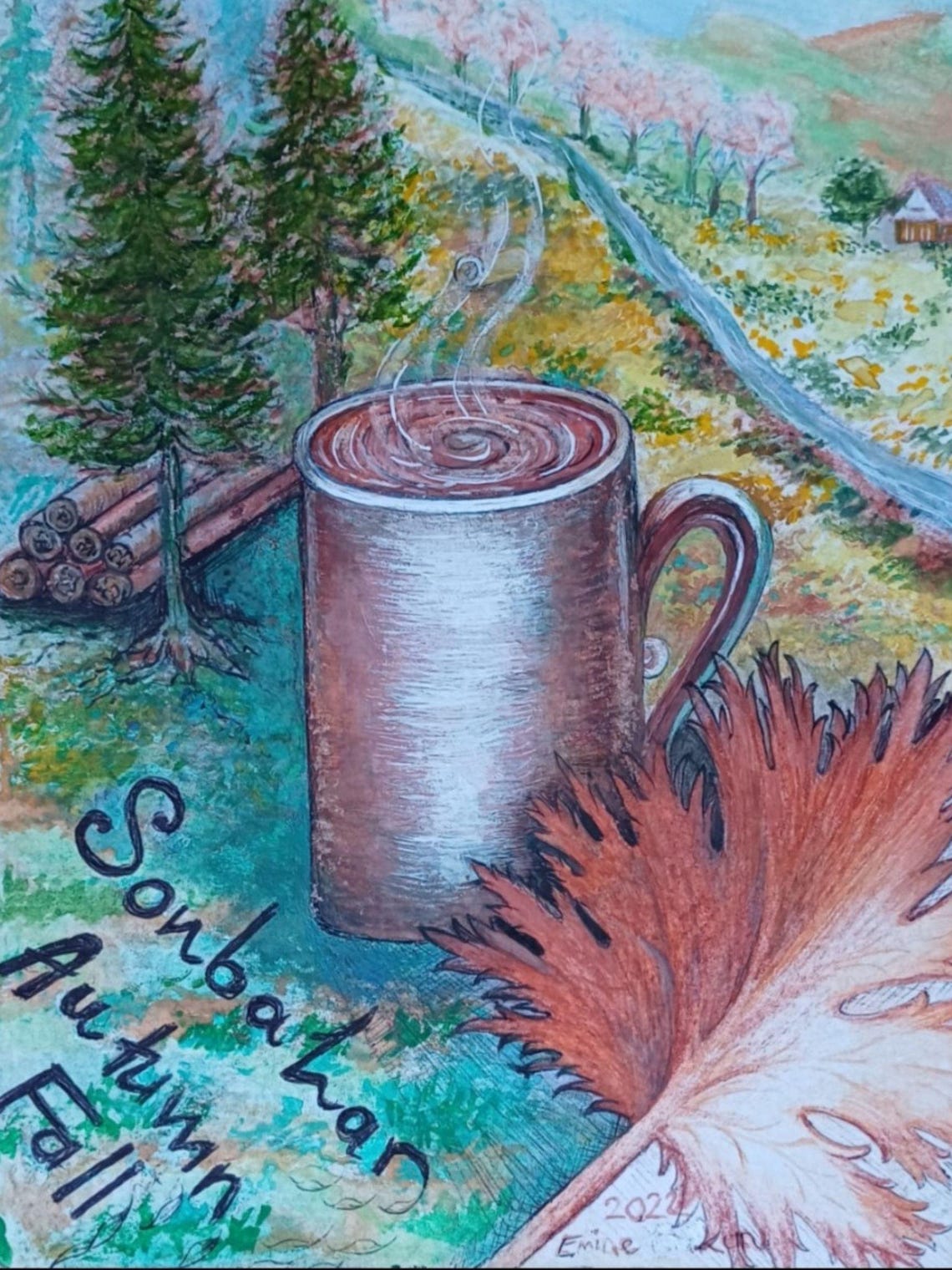 Steaming Coffee Cup Autumn Fall Landscape Colorful Art Poster - Image 4