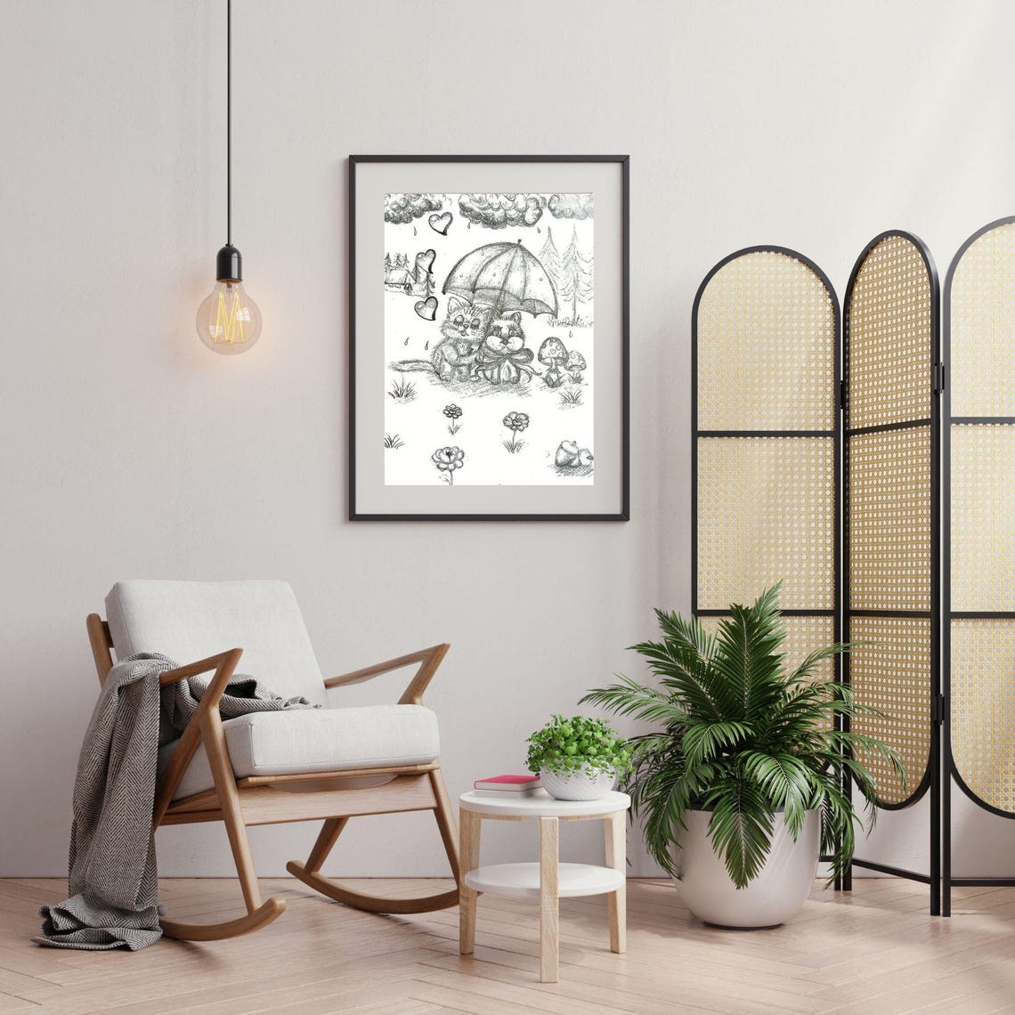 Two Kittens Under Umbrella Pencil Sketch Cute Rainy Day Poster - Image 2