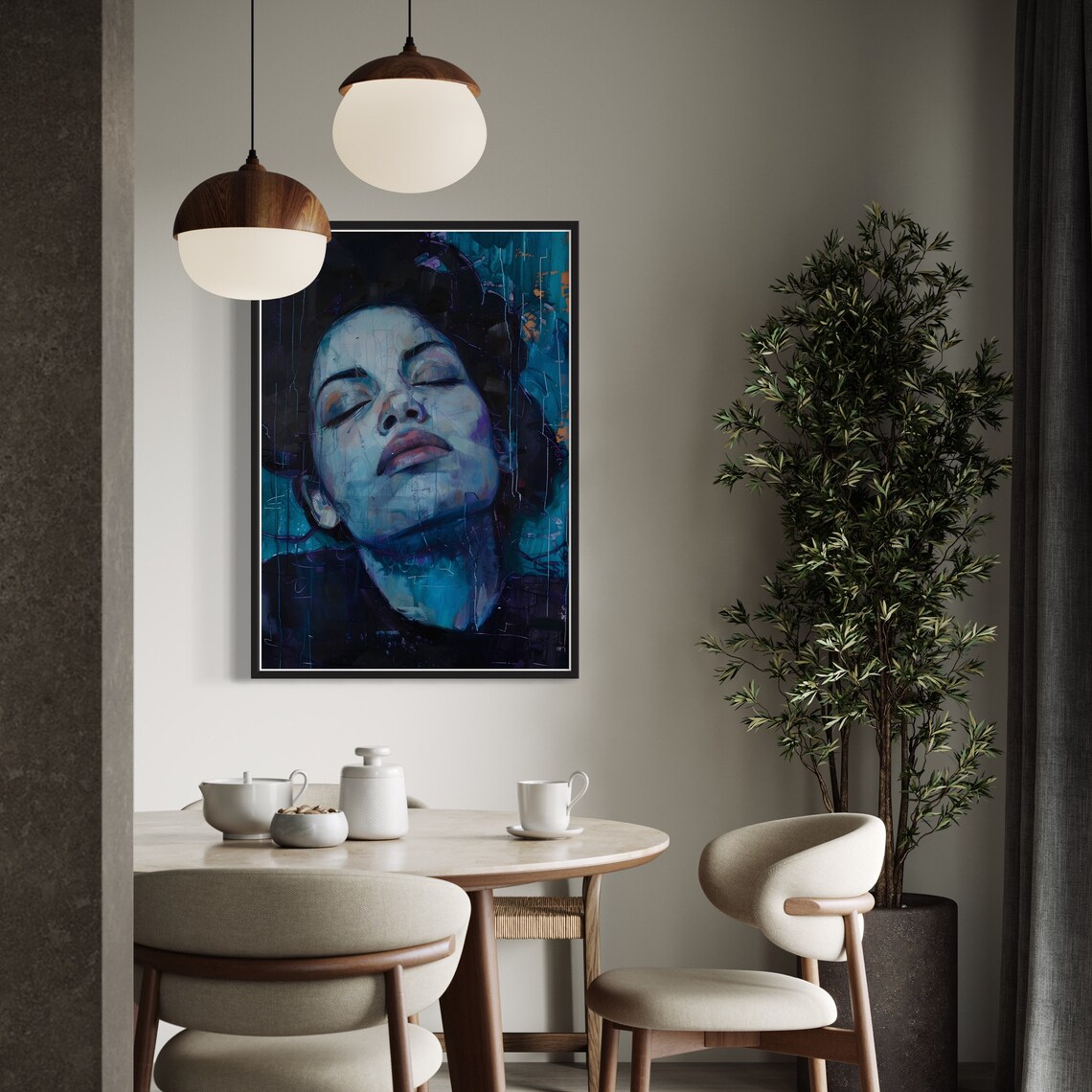Blue Female Portrait Impasto Dark Expressive Woman Face Art Print - Image 4