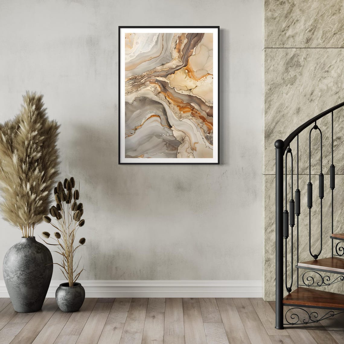 Neutral Beige Gold Abstract Fluid Ink Marble Modern Art Print - Image 3