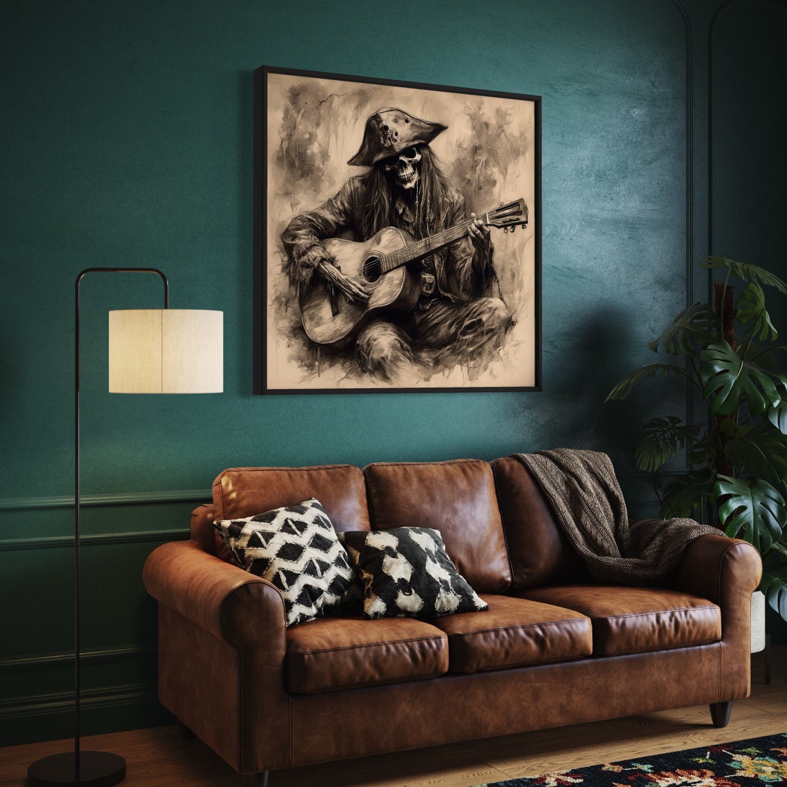 Pirate Skeleton Playing Guitar Sepia Charcoal Drawing Music Art Print - Image 3