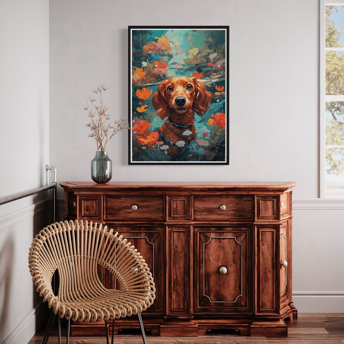 Red Dachshund Floral Art Print Dog Painting Cute Pet Artwork Miniature Dachshund Wiener Dog Doxie Decor Sausage Dog Lover Gift - Image 2