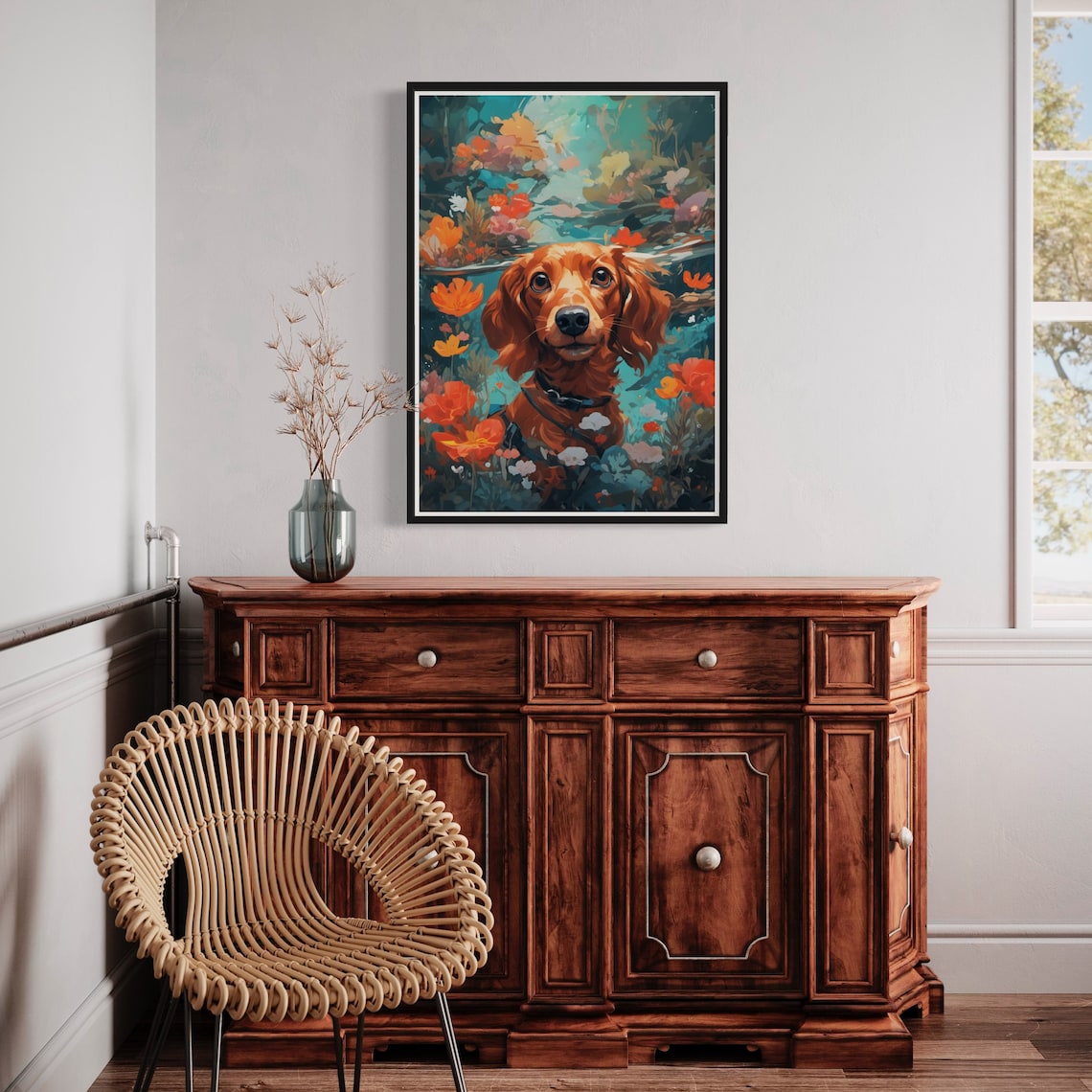 Red Dachshund Wildflower Garden Teal Orange Floral Dog Art Print - Image 2