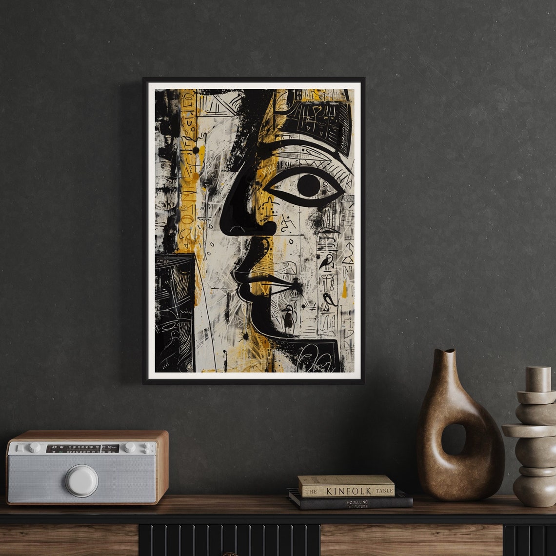 Egyptian Eye Of Horus Abstract Black Gold Pharaoh Face Art Print - Image 2