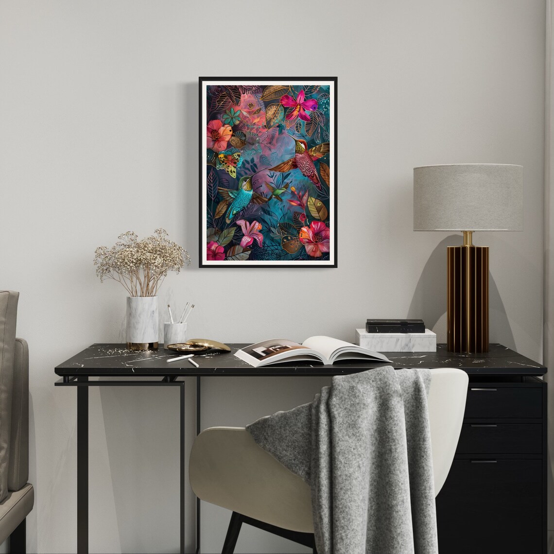 Hummingbird Pair Exotic Dark Jungle Floral Teal Wildlife Poster - Image 3