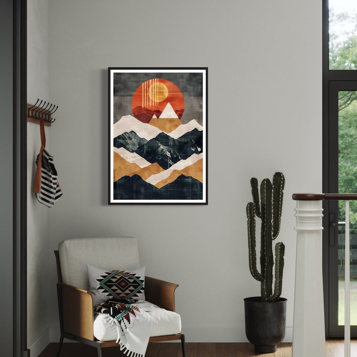 Geometric Layered Mountain Peaks Rising Sun Boho Modern Art Print - Image 2