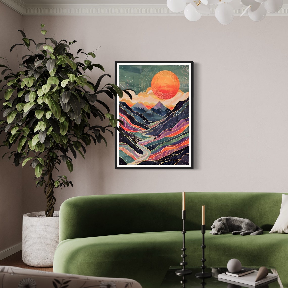 Colorful Mountain Valley Sunset River Gold Line Boho Art Print - Image 4