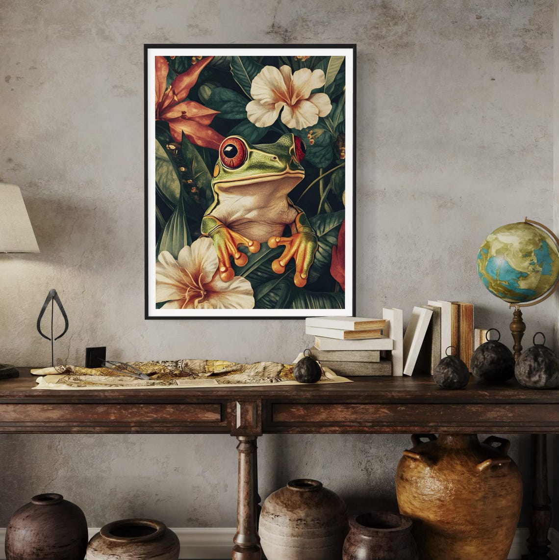 Red Eyed Tree Frog Tropical Hibiscus Vintage Flower Jungle Poster - Image 3