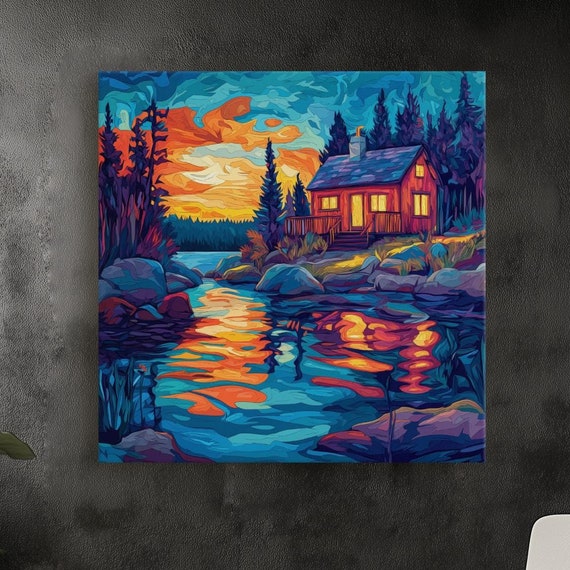 Lakeside Cabin Reflection Canvas Art Quiet Twilight Water Impressionist Nature Warm Sunset Glow Peaceful Landscape Giclee Wall Decor