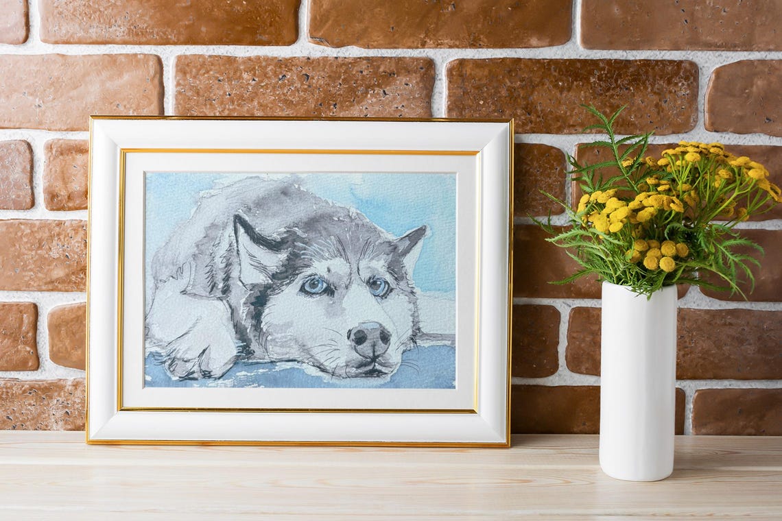 Watercolor Hand Drawn Dog Portrait Husky Portrait Original Artwork Nursery Wall Art Wall Art - Image 3