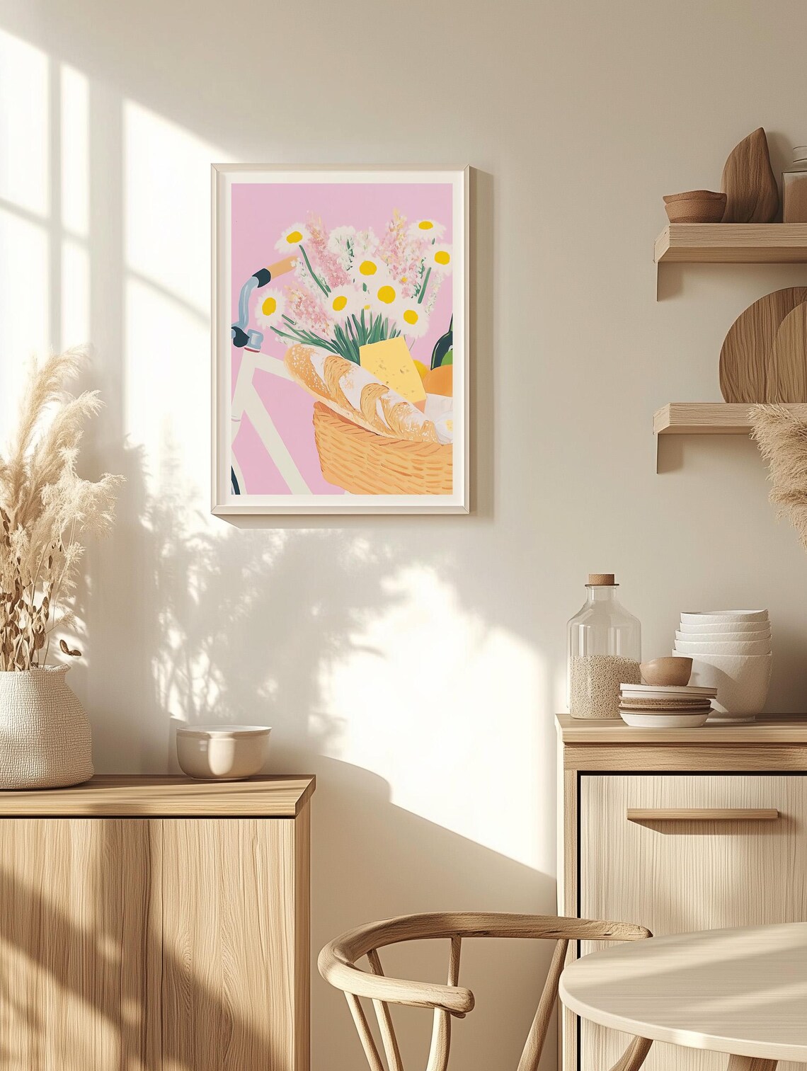Pastel Pink Bicycle with Picnic Basket of Flowers and Bread Poster - Image 4
