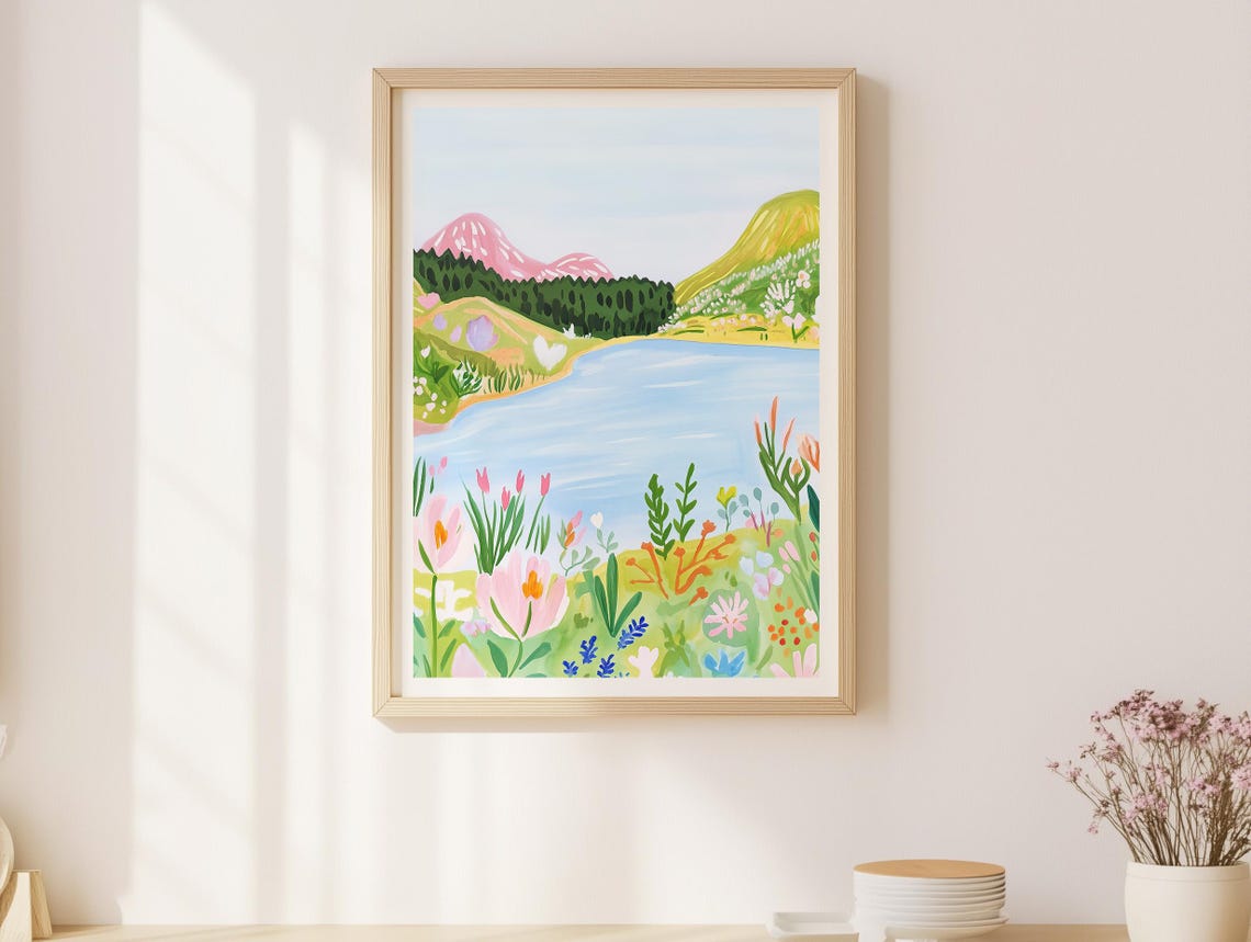 Serene Nordic Archipelago Lake Landscape Folk Art Nature Poster