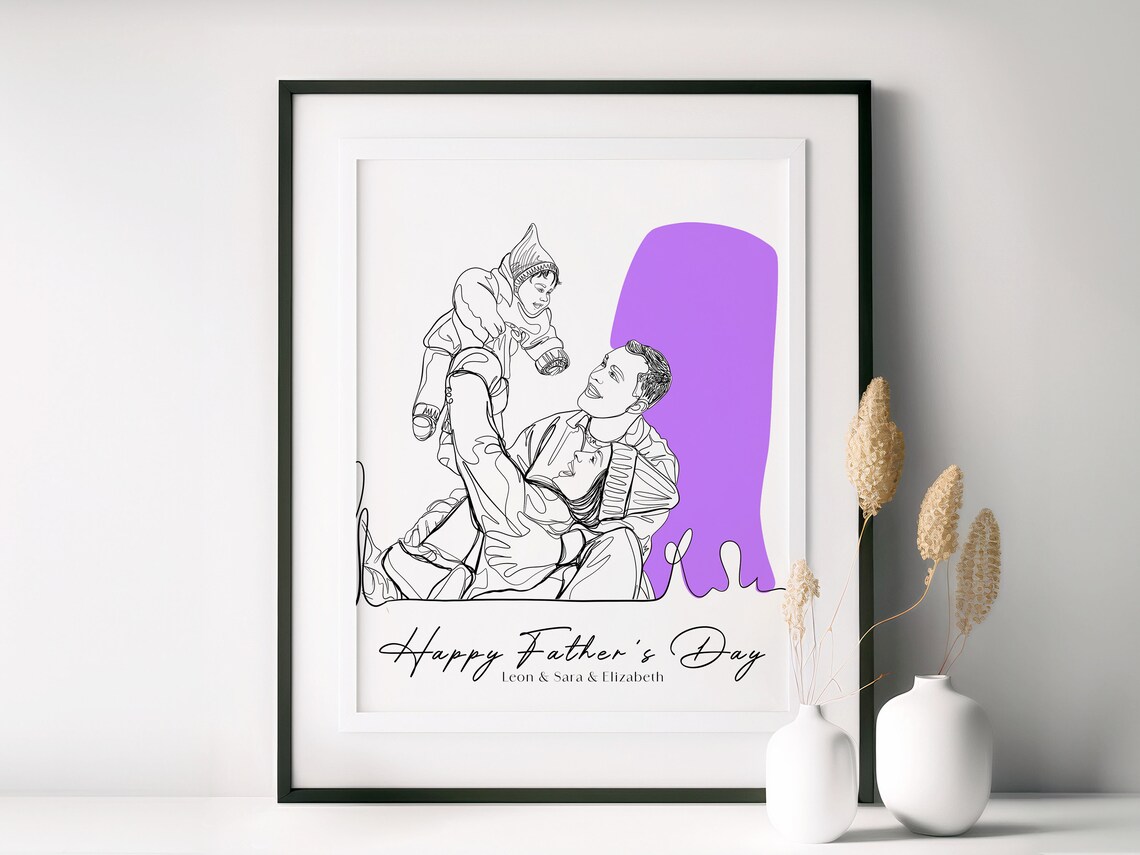 Happy Father's Day Line Drawing of Dad Playing with His Child Poster