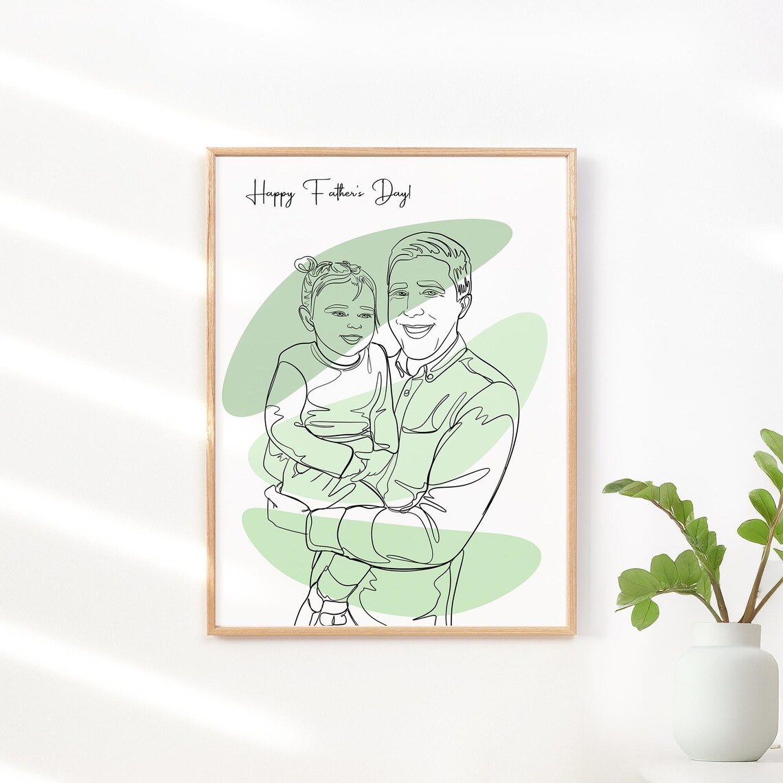 Family of Three Line Art Portrait with Soft Green Shapes Poster - Image 3