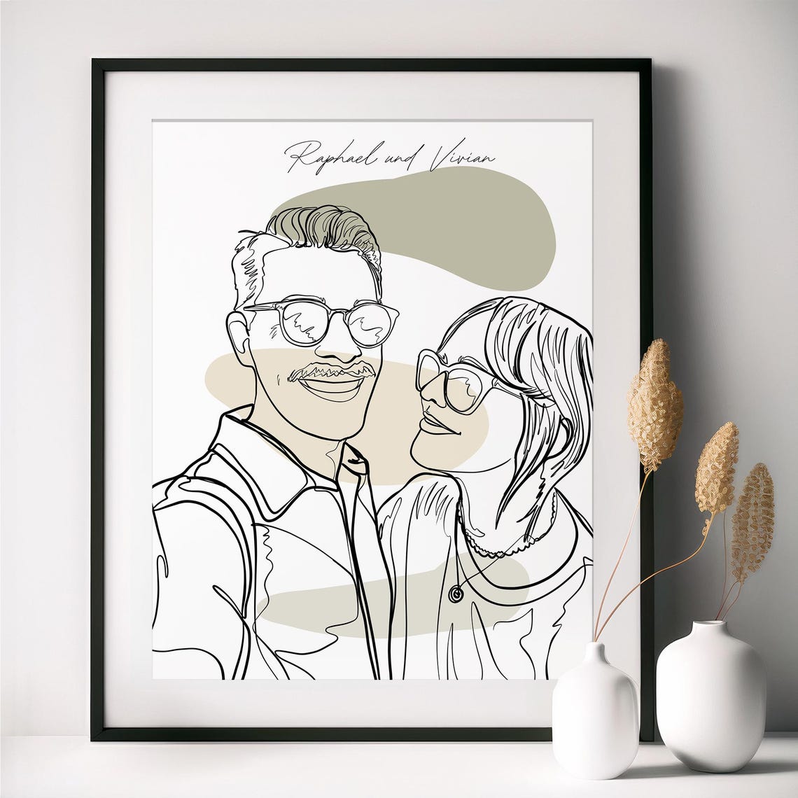 Embracing Couple Line Art Portrait With Soft Blue Abstract Poster - Image 2
