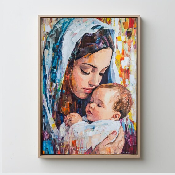 Mother and Child Embrace Colorful Oil Painting Tender Loving Poster