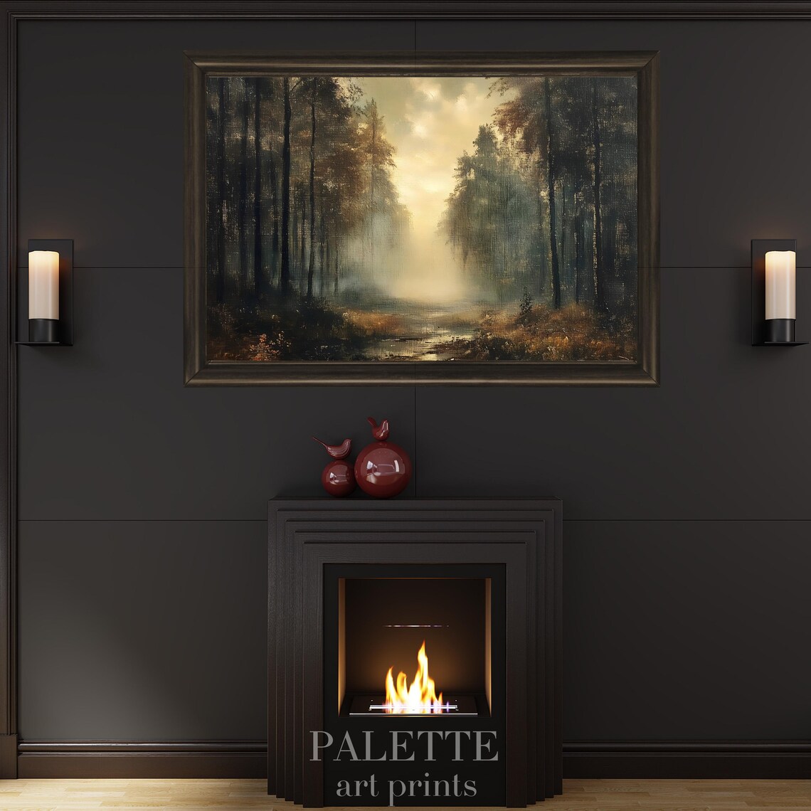 Sunlit Misty Forest Path Dark Woodland Painting Moody Wall Poster - Image 2