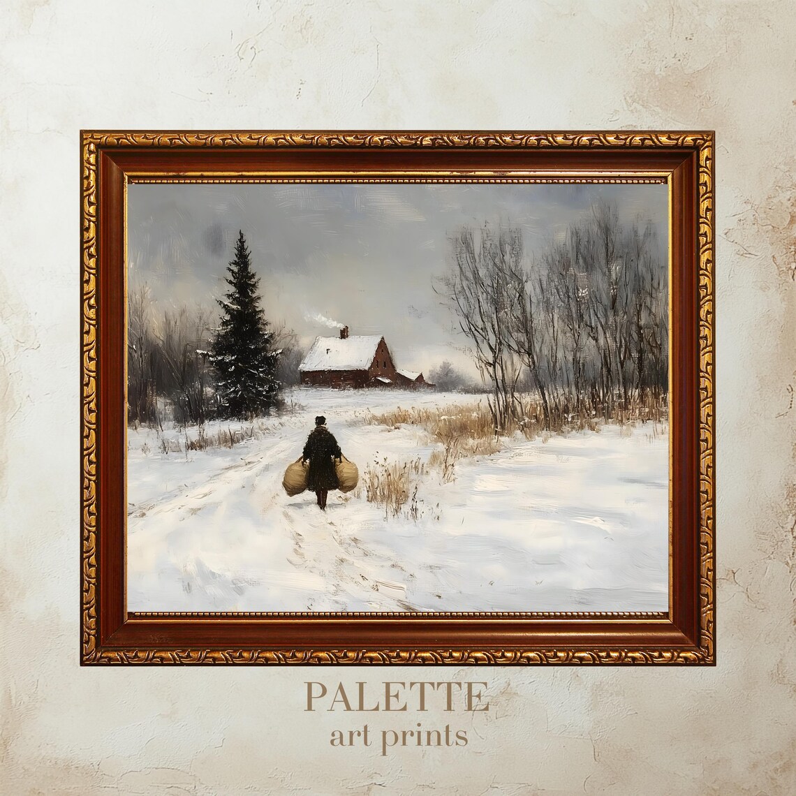 Winter Walk to the Farm Snowy Path Country Cottage Painting Poster